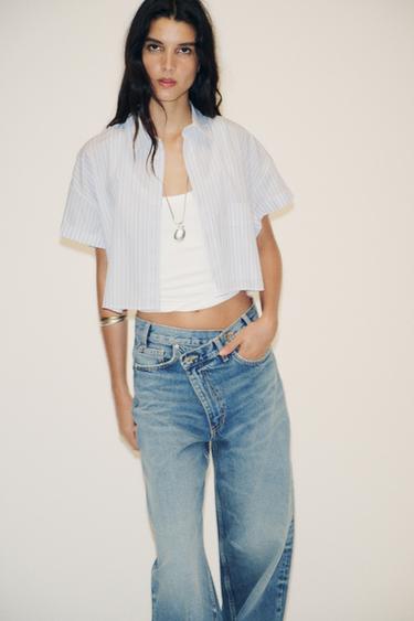 Zara POPLIN CROP SHIRT - Blue / White