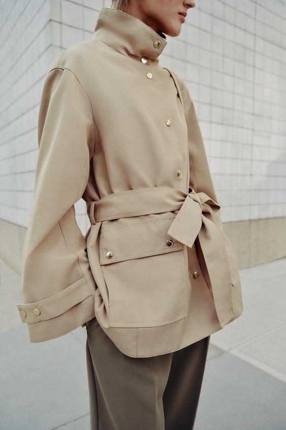 GABARDINE COL MONTANT CEINTURE - Marron clair de Zara - Image 3