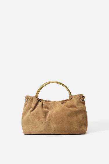 Zara SPLIT LEATHER MINI BOWLING BAG WITH METAL HANDLE - SAND/BROWN