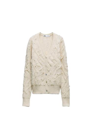 TEXTURED FAUX PEARL BEAD KNIT CARDIGAN