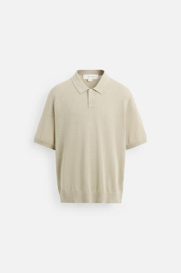 SILK-LINEN KNIT POLO SHIRT - Beige by Zara - Image 5
