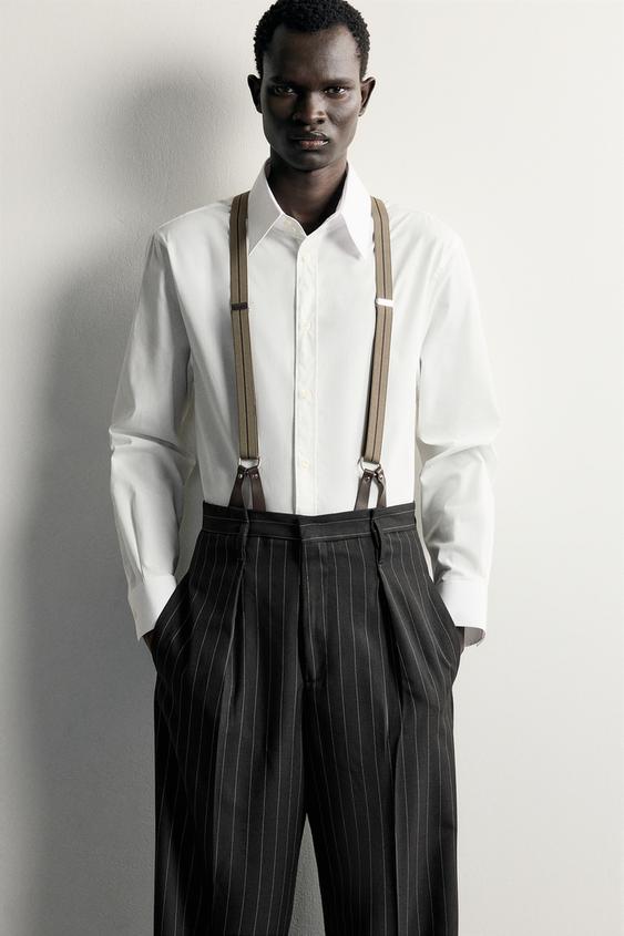 Zara STRIPED SUSPENDERS WITH LEATHER DETAILS - taupe brown - Image 0