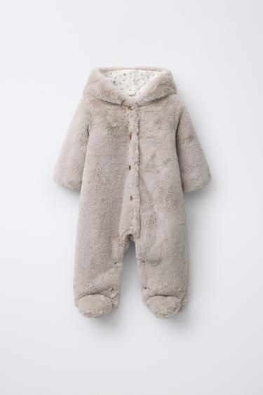 HOODED FAUX FUR ONE-PIECE SUIT - Beige by Zara - Image 0