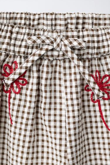 CHECKED SAROUEL TROUSERS WITH EMBROIDERED FLOWERS - Chocolate by Zara