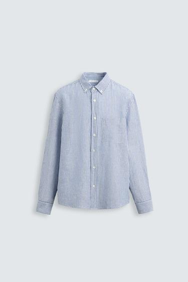 COTTON - LINEN SHIRT - Blue/White by Zara