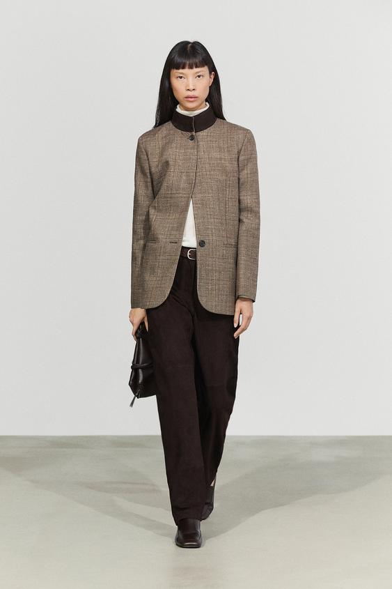 Zara Checked blazer with contrast collar - Brown - Image 0