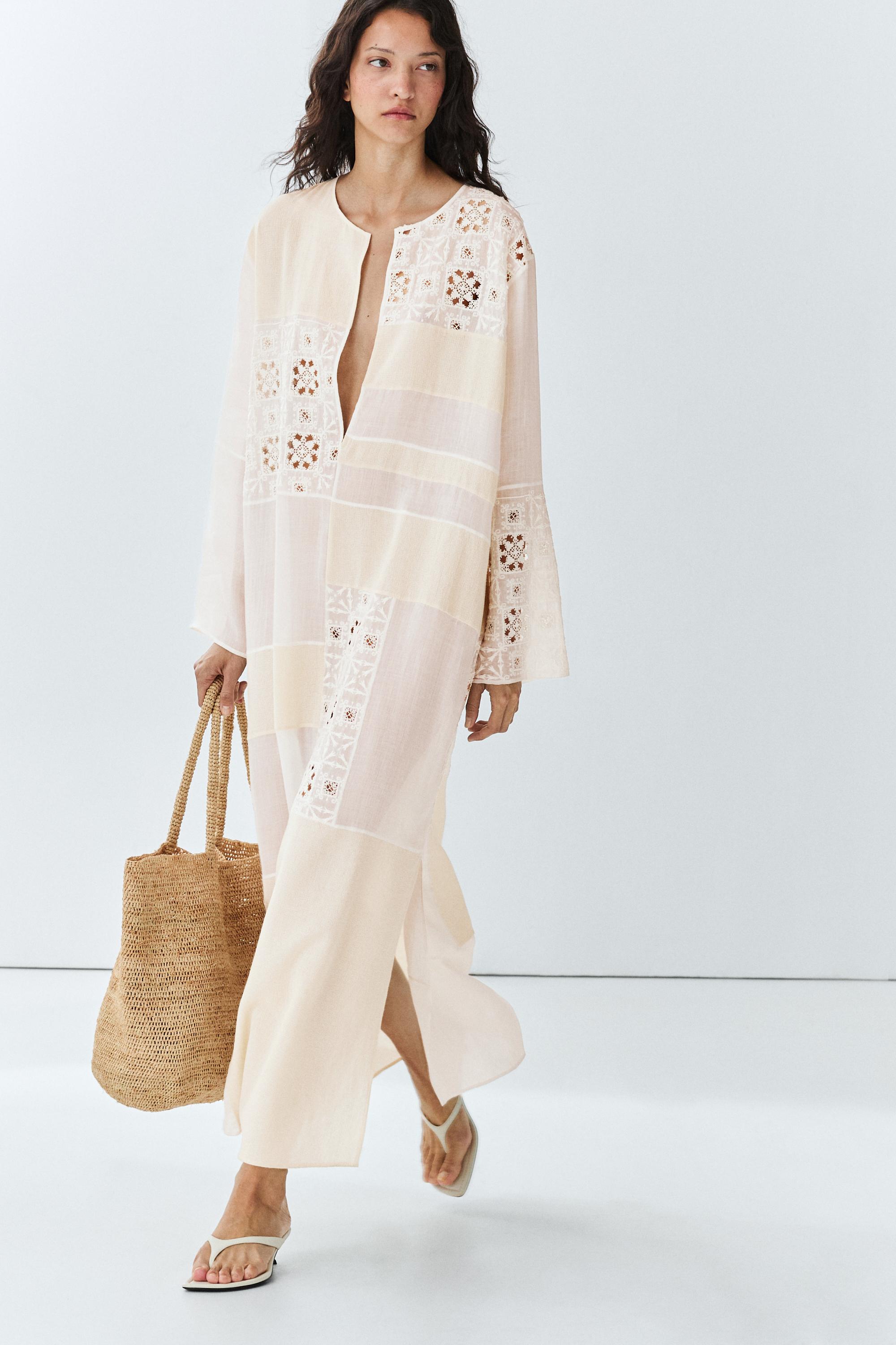 Flowing embroidered kaftan dress — White