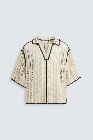 Zara CROCHET TEXTURED POLO SHIRT - Black / White