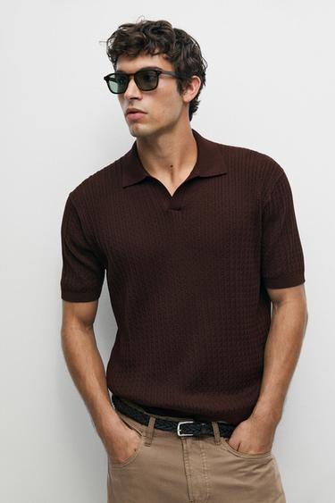 100% cotton cable-knit polo sweater — Burgundy 2