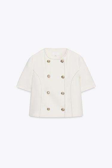 BLAZER MIT KURZEN ÄRMELN UND LEINEN - Cremefarben von Zara