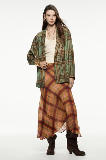 ZW COLLECTION CHECK LONG SKIRT - Burgundy by Zara