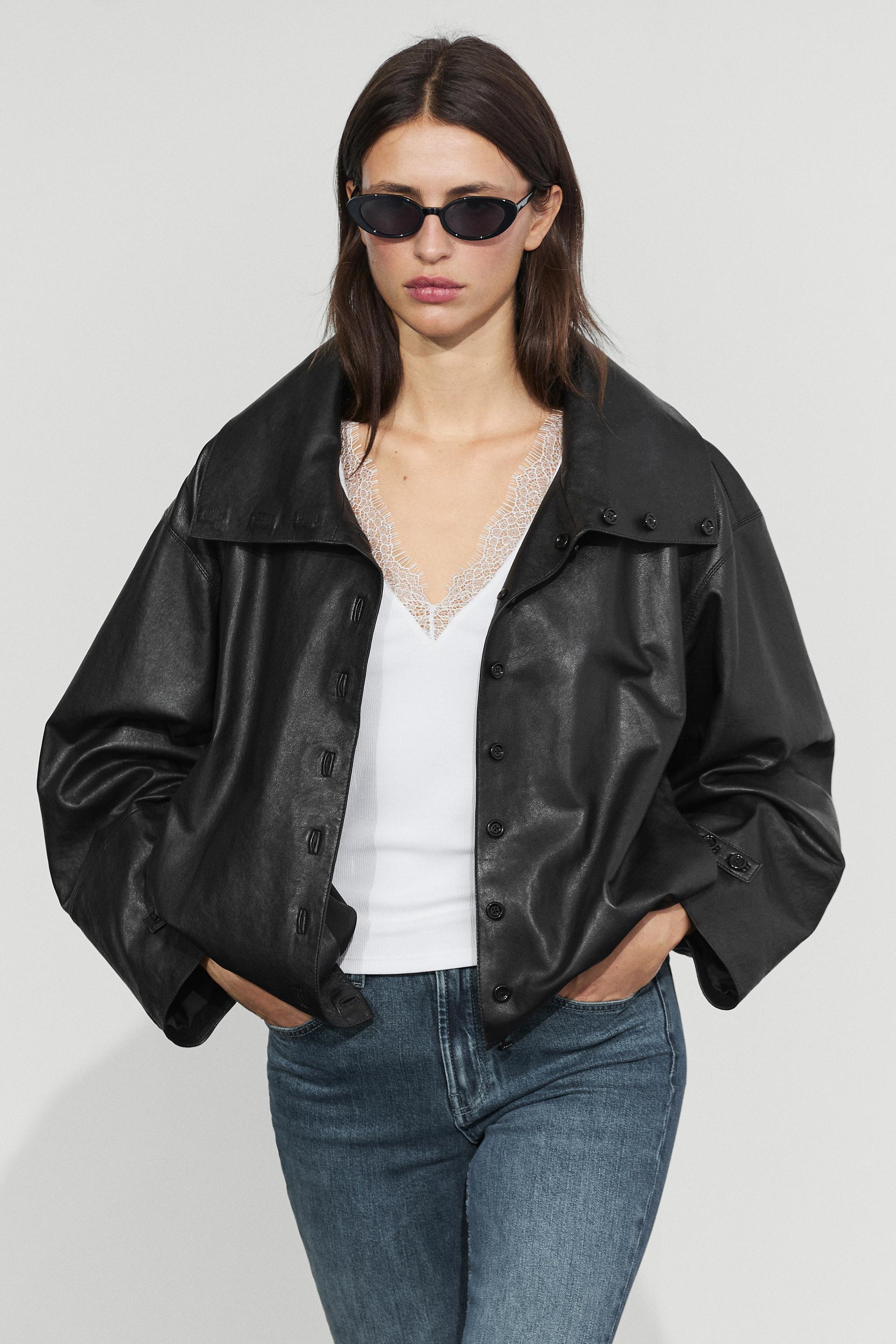 Nappa leather bomber jacket with button detail