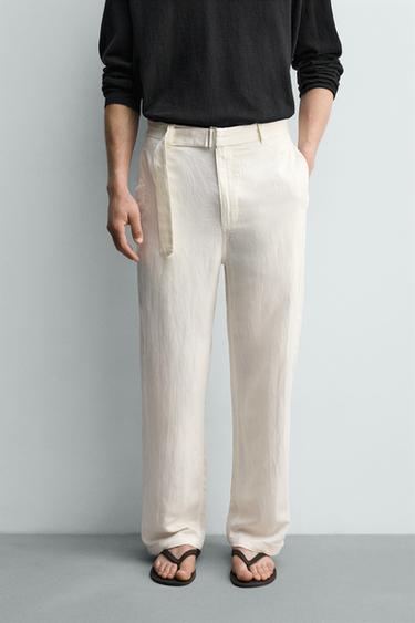 Zara RELAXED FIT VISCOSE-LINEN BELTED PANTS - Ecru