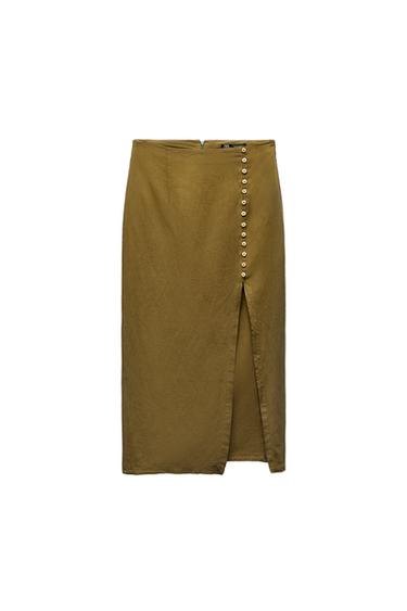 LINEN BLEND BUTTONED MIDI SKIRT