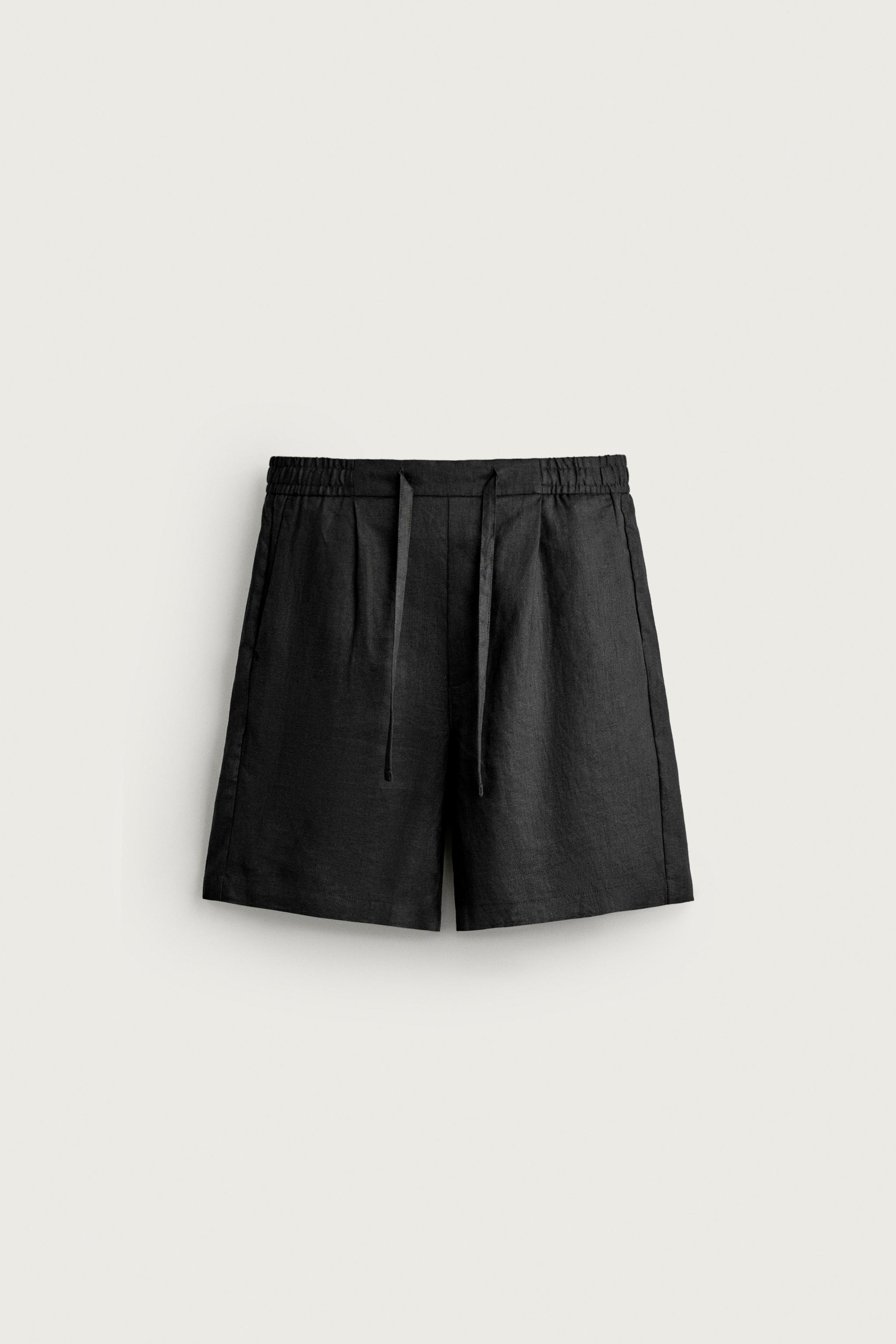 100% LINEN RELAXED FIT SHORTS — Black