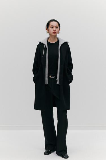 후드 콤비 코트 - Zara 블랙