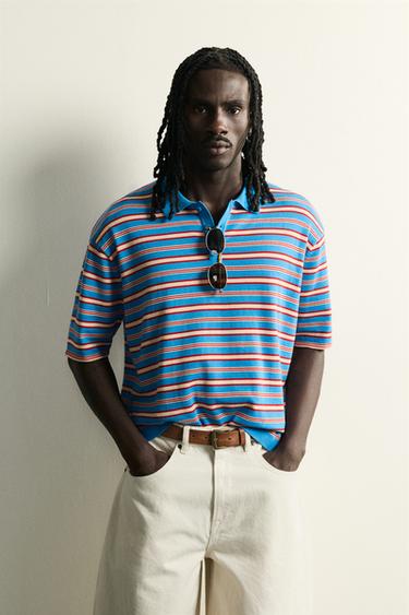 POLO EN MAILLE JACQUARD À RAYURES - Bleu clair de Zara