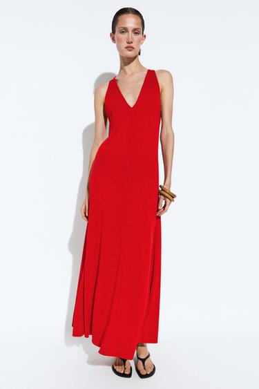 Robe midi en maille col en V - Rouge de Zara