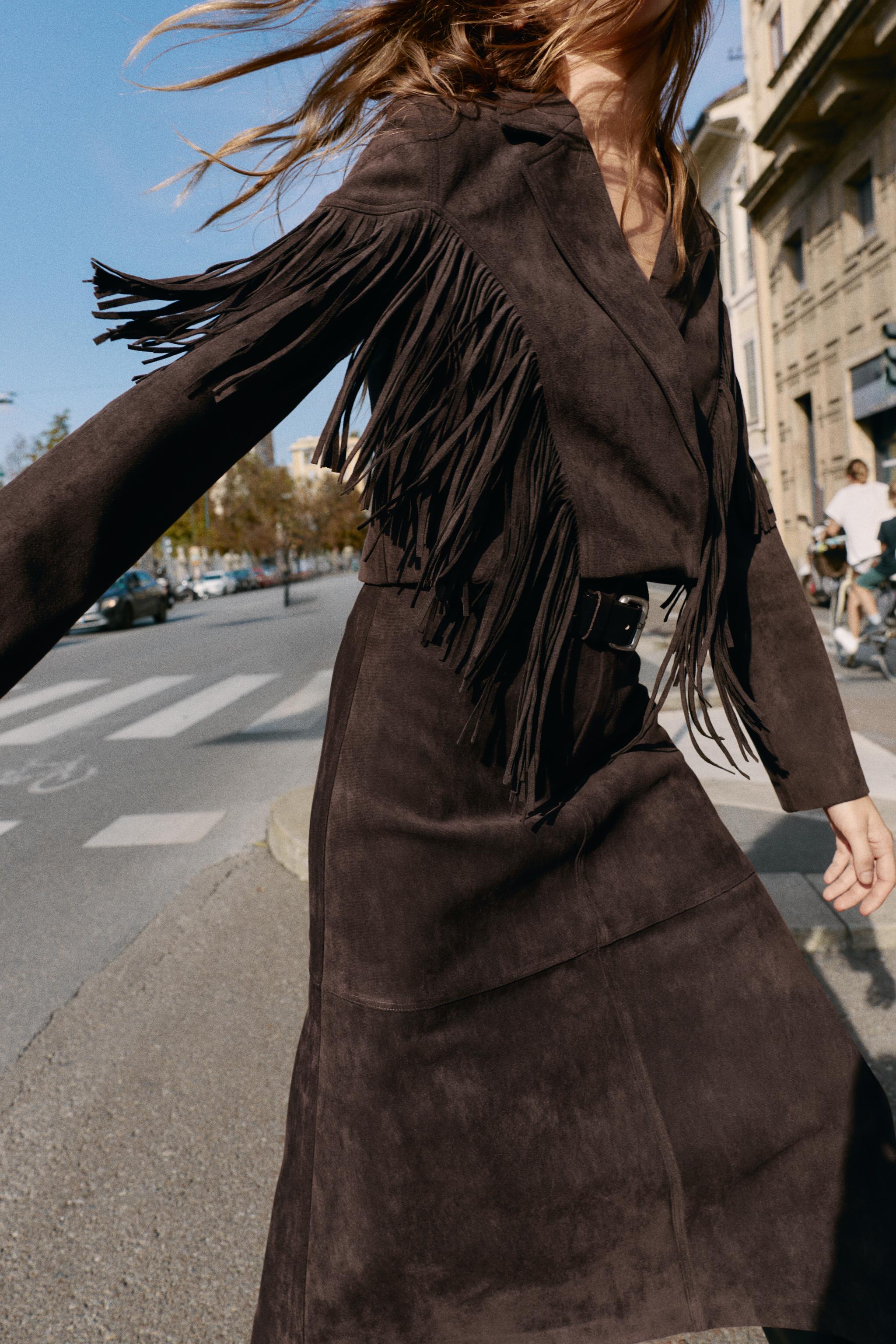 フリンジ付きフェイクスエードジャケット - チョコレートブラウン