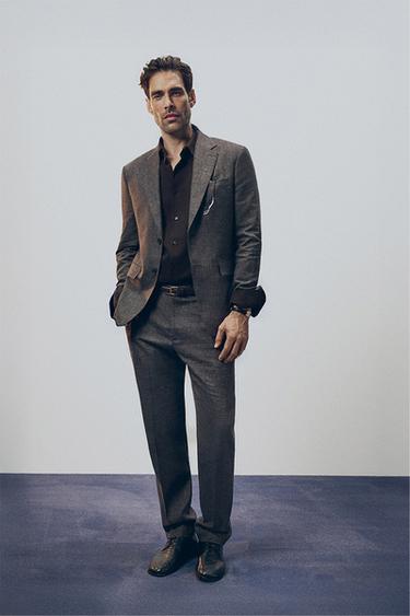 Zara 紋理西裝標準版長褲 - 深棕色