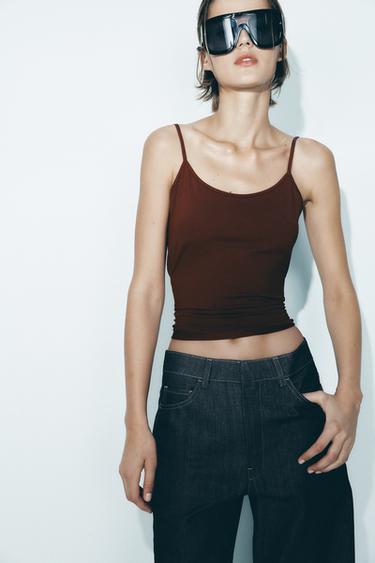 CAMISETA ELÁSTICA COM ALÇA FINA - Beringela-escuro da Zara