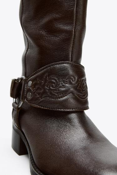 LEATHER FLAT EMBROIDERED BOOTS - Brown by Zara - Image 4