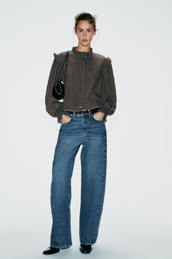 Zara STRIPED RUFFLE BLOUSE - Brown / Ecru - Image 0