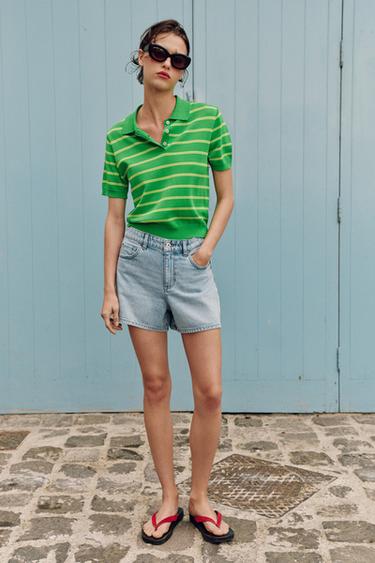 STRIPED SHORT SLEEVE KNIT POLO SHIRT - Green by Zara