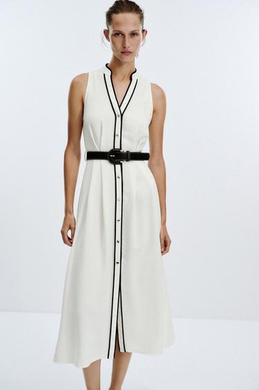CONTRAST TRIM MIDI DRESS WITH BELT - Oyster-white by Zara - Image 2