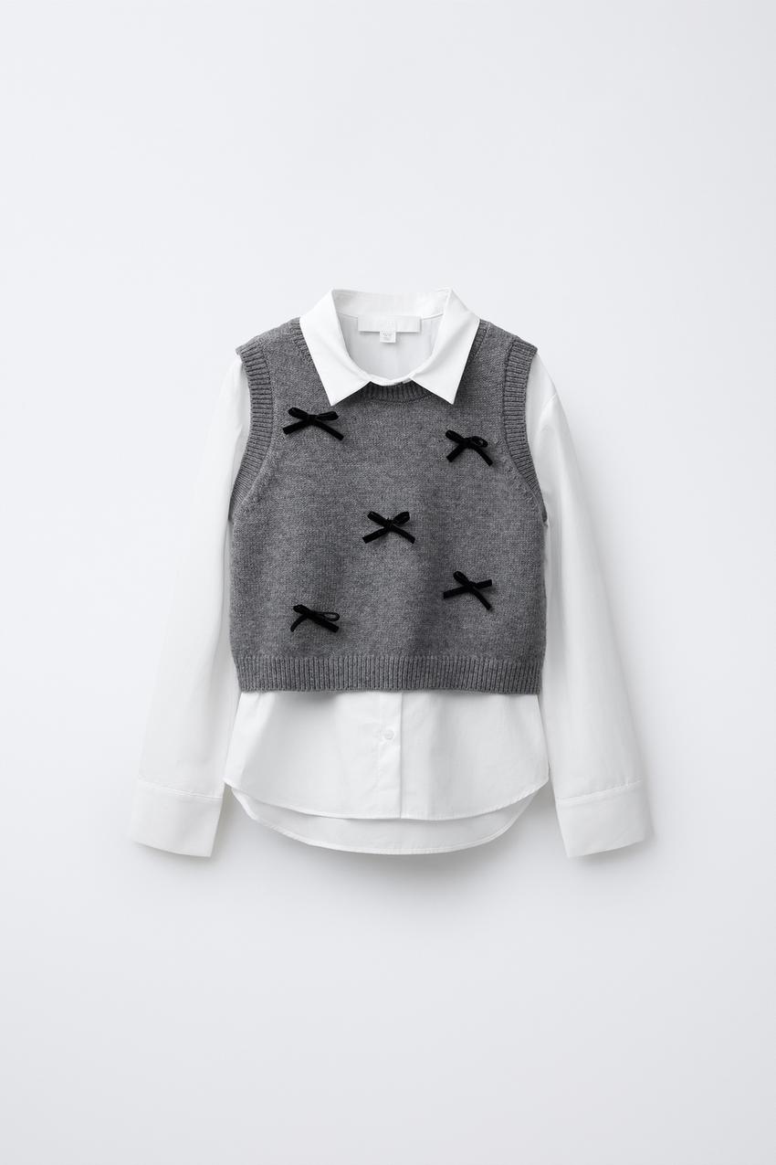 POPLIN SHIRT WITH KNITTED VEST AND VELVET BOWS