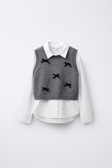 CAMISA POPELÍN CHALECO PUNTO LAZOS VELVET - Blanco / Gris de Zara - Imagen 0