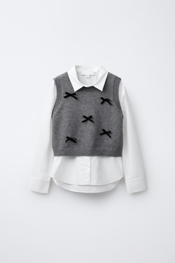 POPLIN SHIRT WITH KNITTED WAISTCOAT AND VELVET BOWS - White / Grey by Zara - Image 0