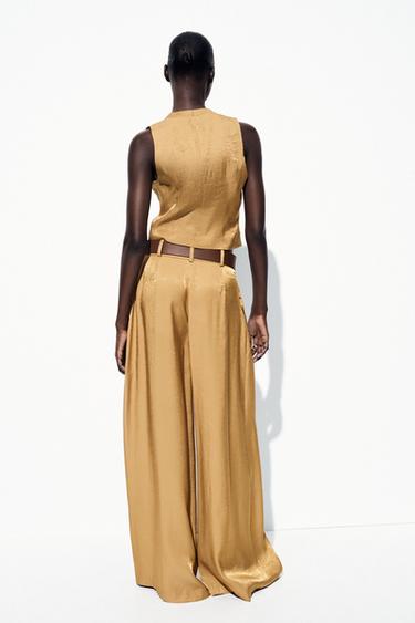 PANTALON LARGE SATINÉ CEINTURE - Doré de Zara - Image 3
