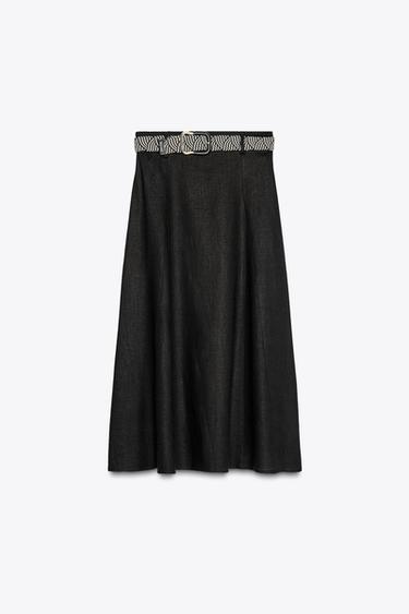 BELTED LINEN MIDI SKIRT - Black by Zara - Image 5