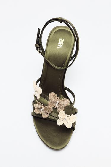 SATIN-EFFECT SANDALS WITH APPLIQUÉS - Khaki Green by Zara