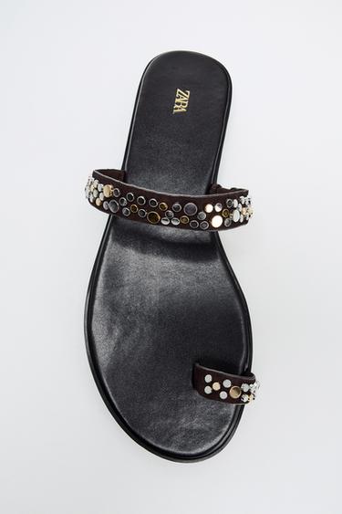 Zara FLAT STUDDED SANDALS - Brown