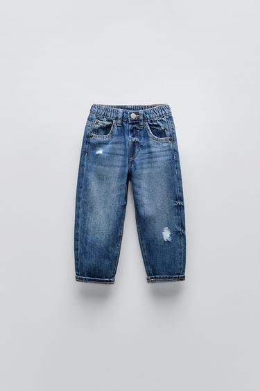 Zara RIPPED BAGGY JEANS - Mid-blue