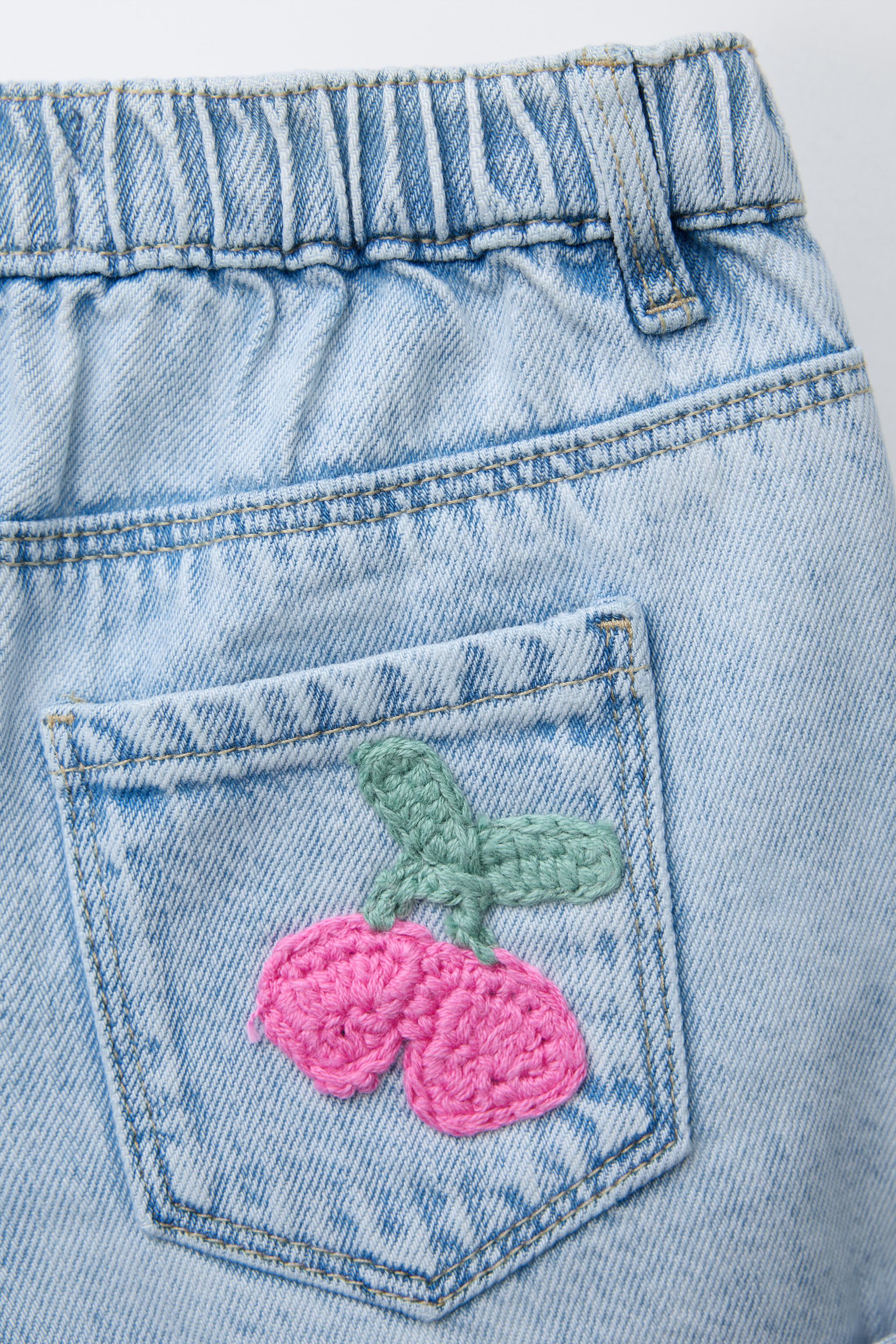 FRUIT CROCHET DENIM BERMUDA SHORTS