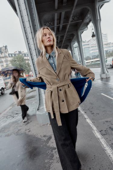 100% LEATHER JACKET WITH BELT - Stone by Zara