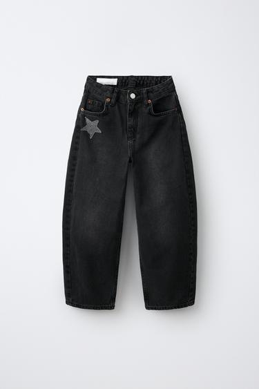 JEANS BARREL PARCHES ESTRELLAS - Gris de Zara