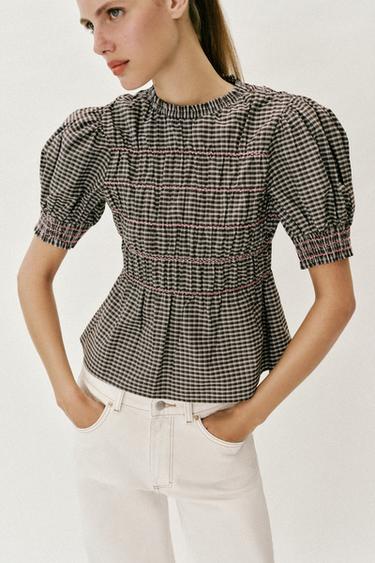 CHEMISE À CARREAUX NID D'ABEILLE - Marron / Écru de Zara