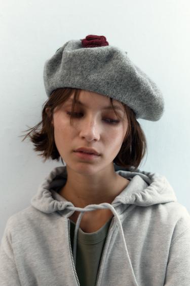 100% WOOL BERET WITH FLOWER - Grey by Zara - Image 1