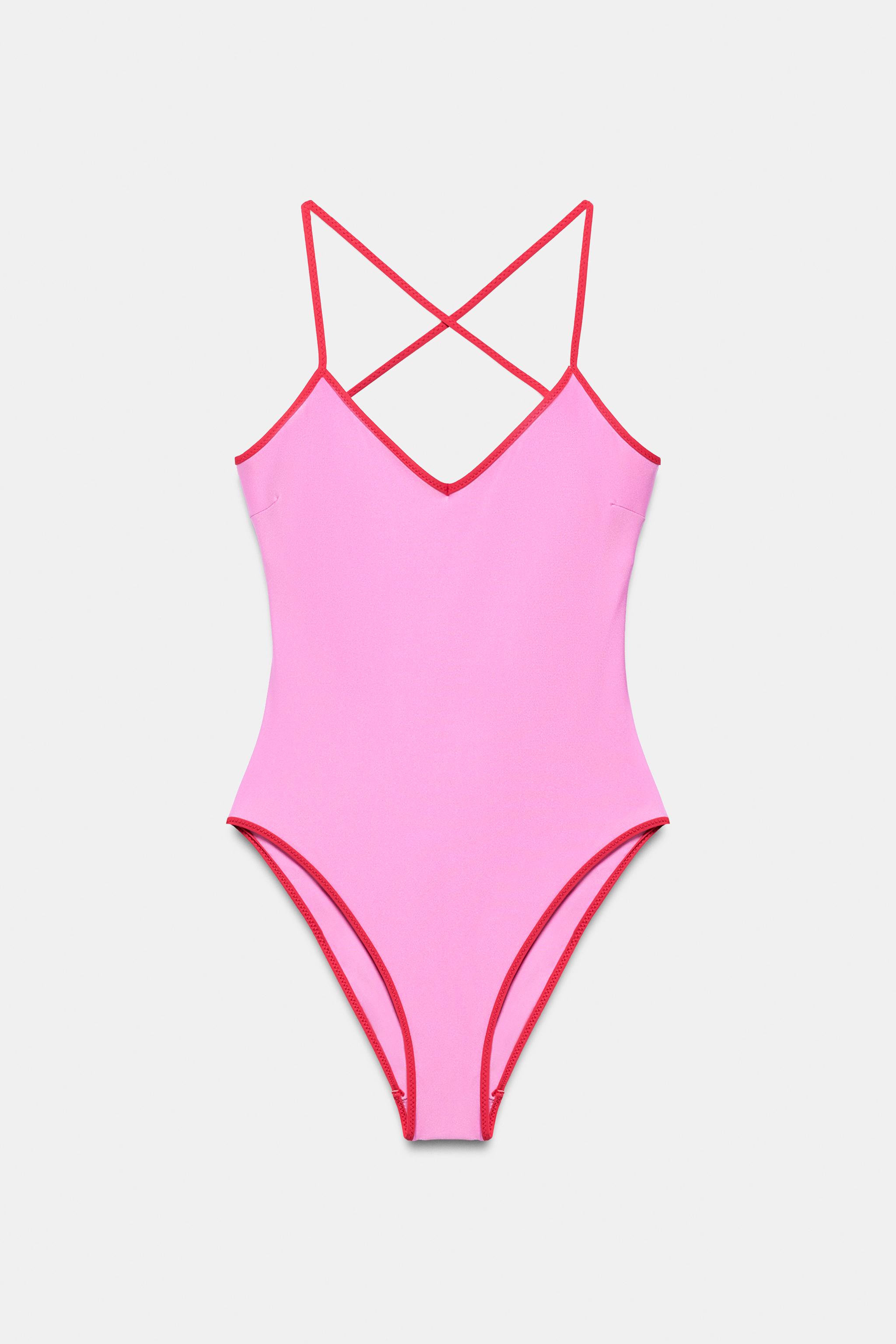 SOLID SWIMSUIT WITH CONTRASTING STRAPS — Pink
