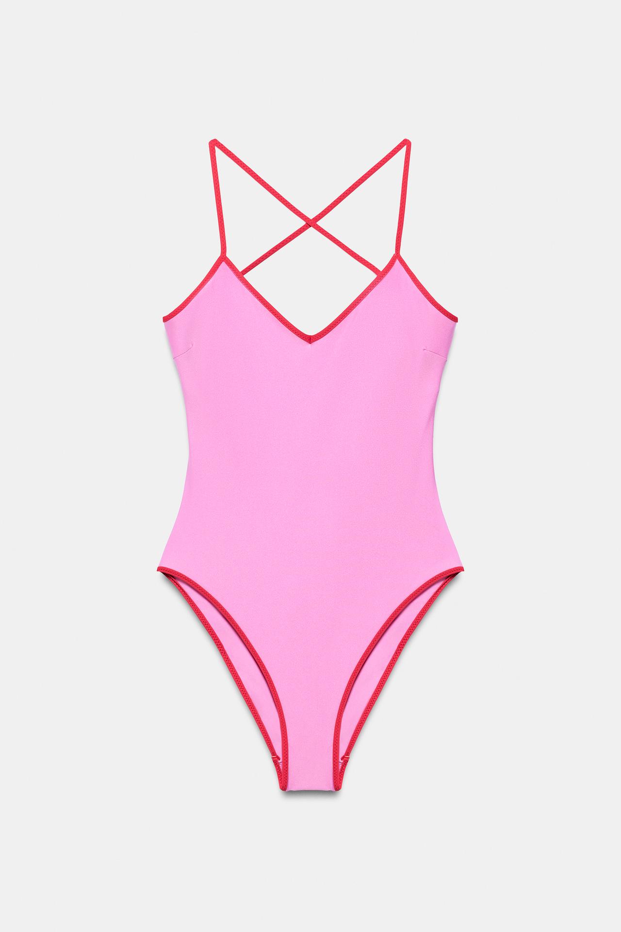 SOLID SWIMSUIT WITH CONTRASTING STRAPS — Pink
