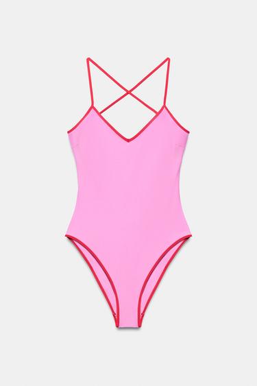 PLAIN SWIMSUIT WITH CONTRAST STRAPS - Pink by Zara