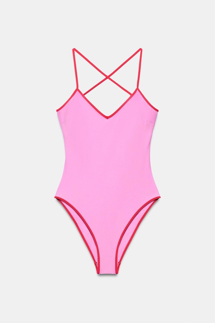 SOLID SWIMSUIT WITH CONTRASTING STRAPS — Pink