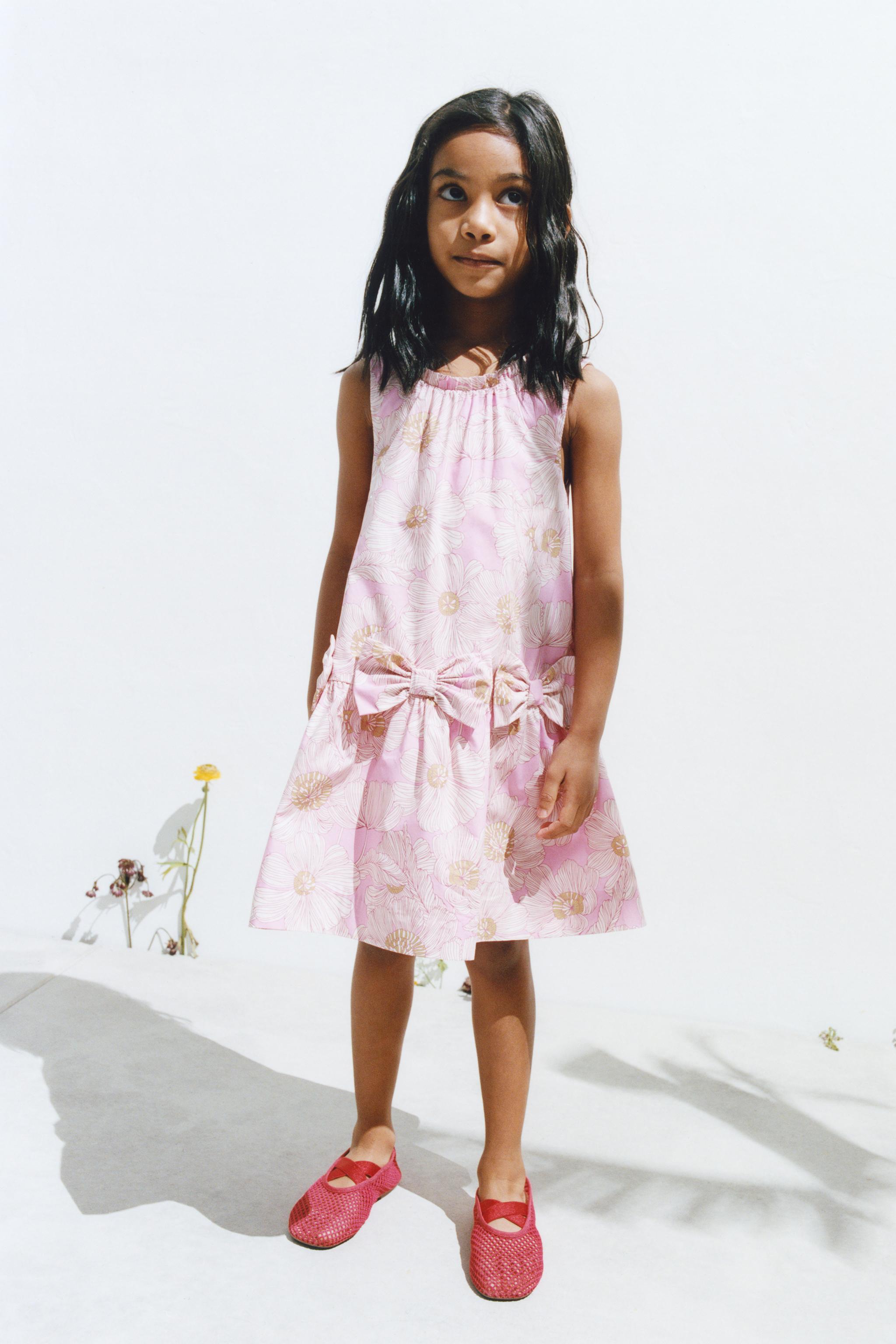 FLORAL POPLIN DRESS WITH BOWS — Pink