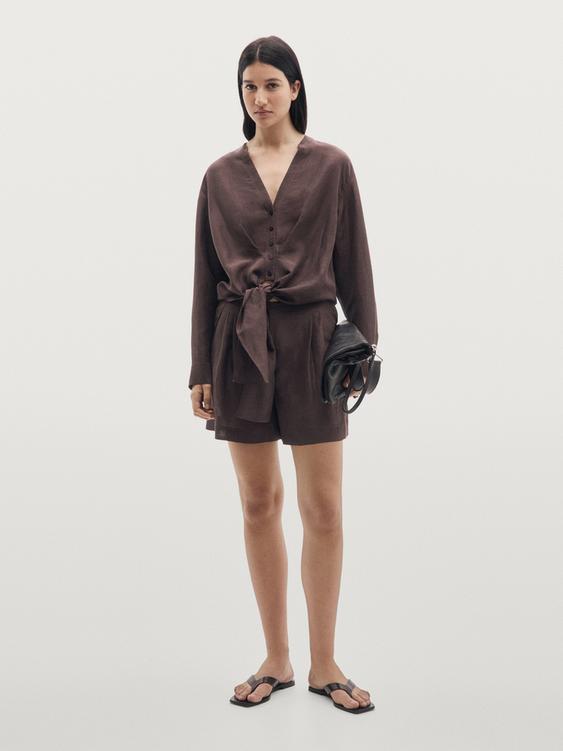 Short pleated linen blend Bermuda shorts