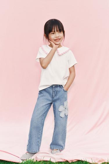 Zara 花朵寬管牛仔褲 - 藍色