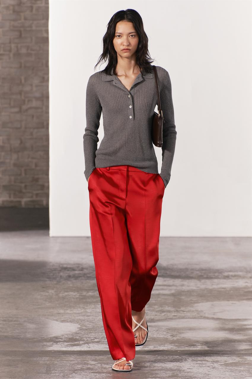 HEAVYWEIGHT SATIN STRAIGHT CUT PANTS ZW COLLECTION - Red